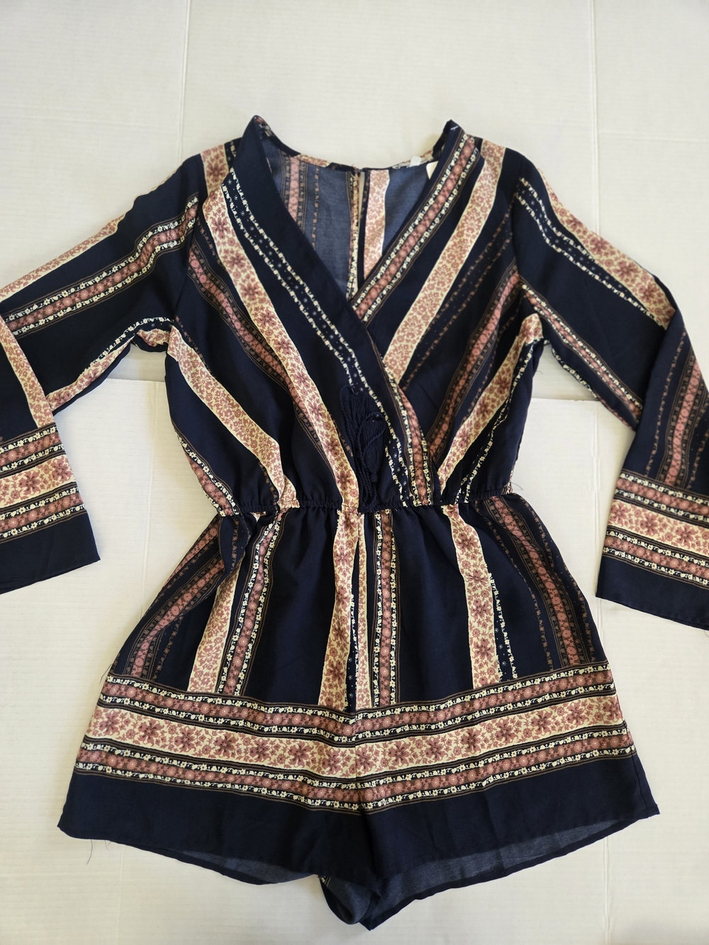 CHARLOTTE RUSSE triped Navy Boho Romper with Pink and Cream Accents
